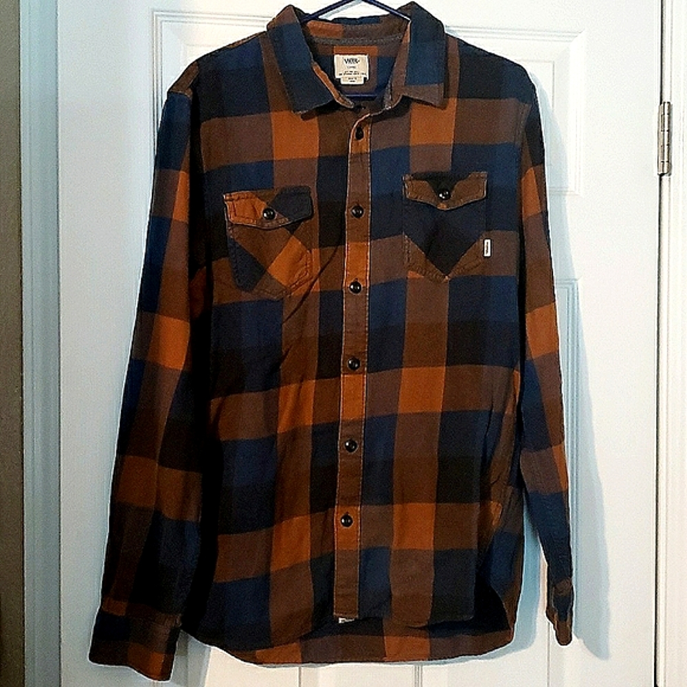 COPY - Vans  plaid long sleeve, size Mens Lrg. Color: blue and brown plaid